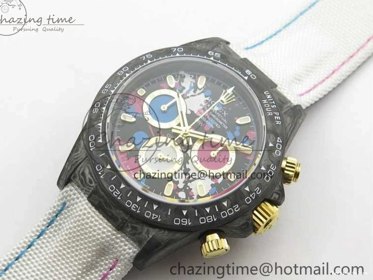 0413 ComfortFit Daytona DIW Carbon OMF Best Edition Blue Pink White Dial on White Nylon Strap A 2833